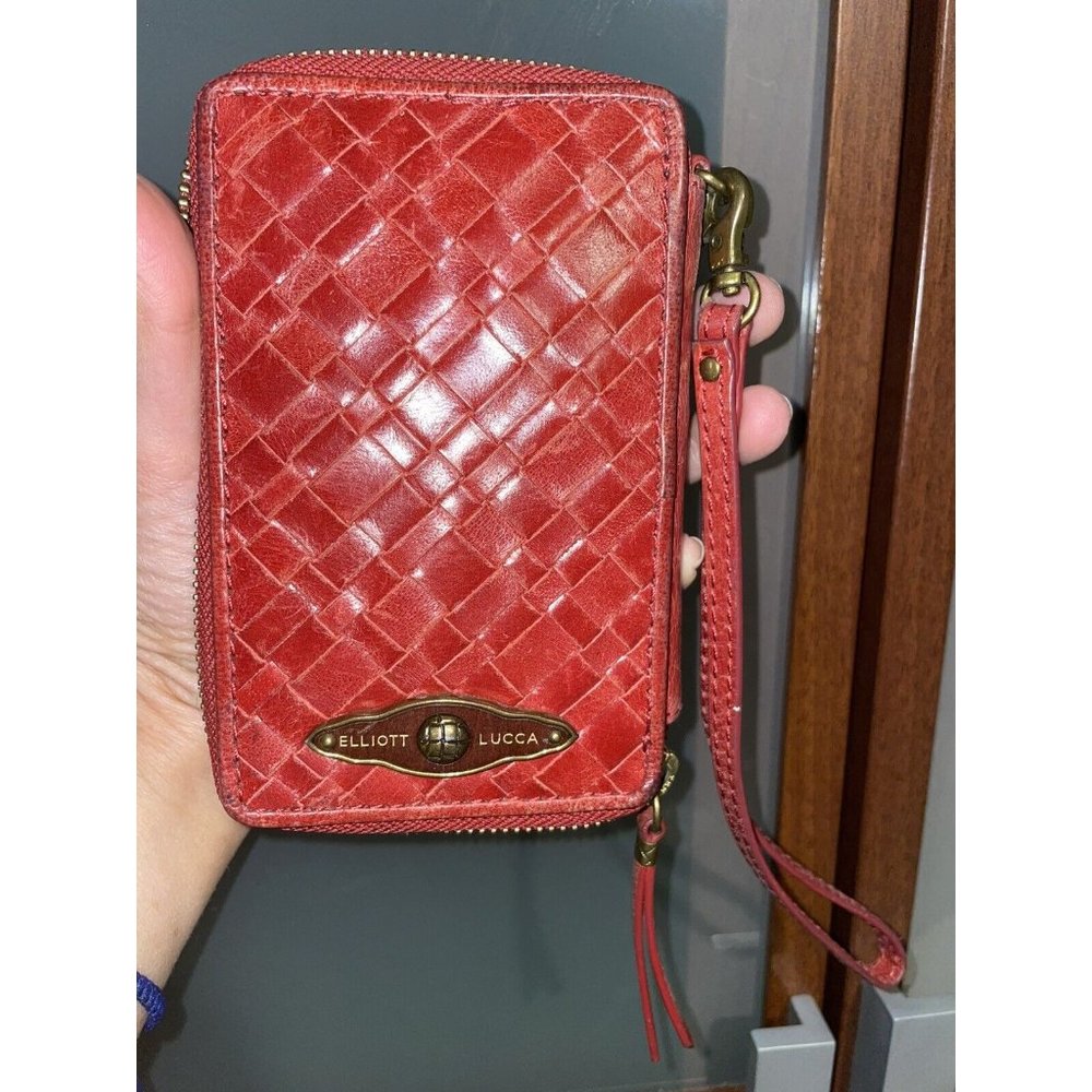 ELLIOTT LUCCA Red Leather Woven Wristlet Zip Around Wallet Cell Phone Organizer